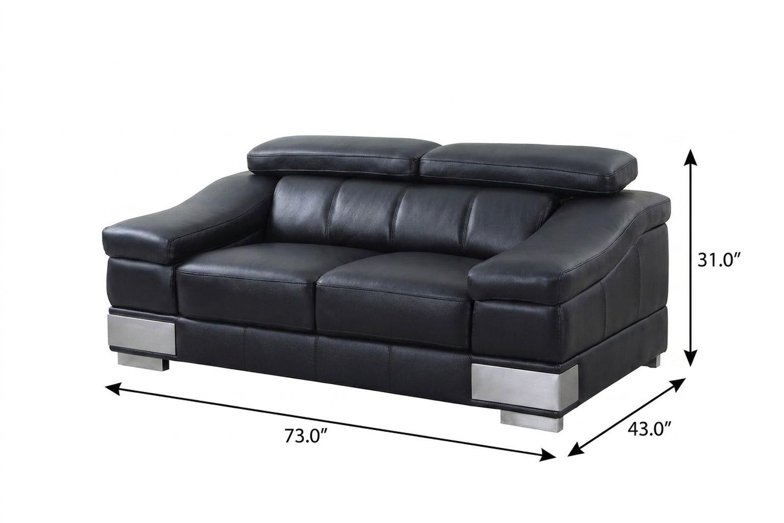 73" Black Genuine Leather Loveseat with Silver Legs