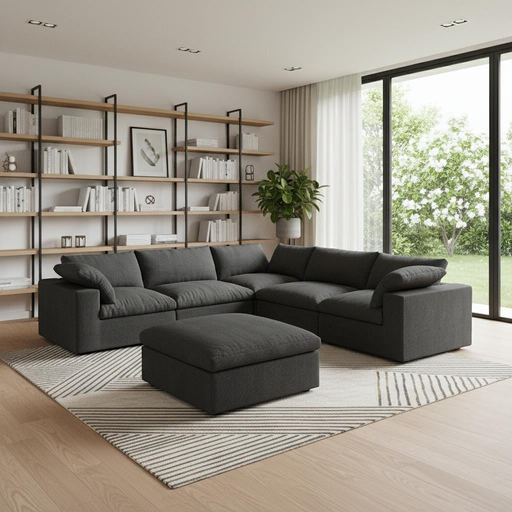 Modern Black Linen Blend Modular L-Shaped 6-Piece Reversible Corner Sectional