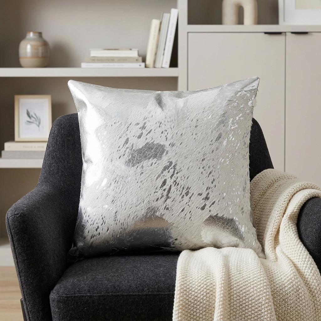 Silver Abstract Metallic Genuine Leather Accent Throw Pillow