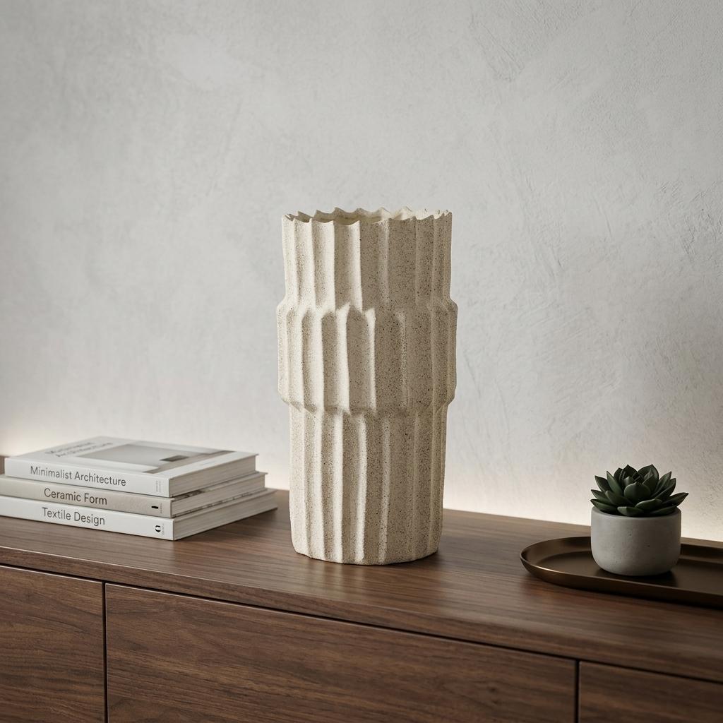 14" Sand Ceramic Cylinder Handmade Table Vase