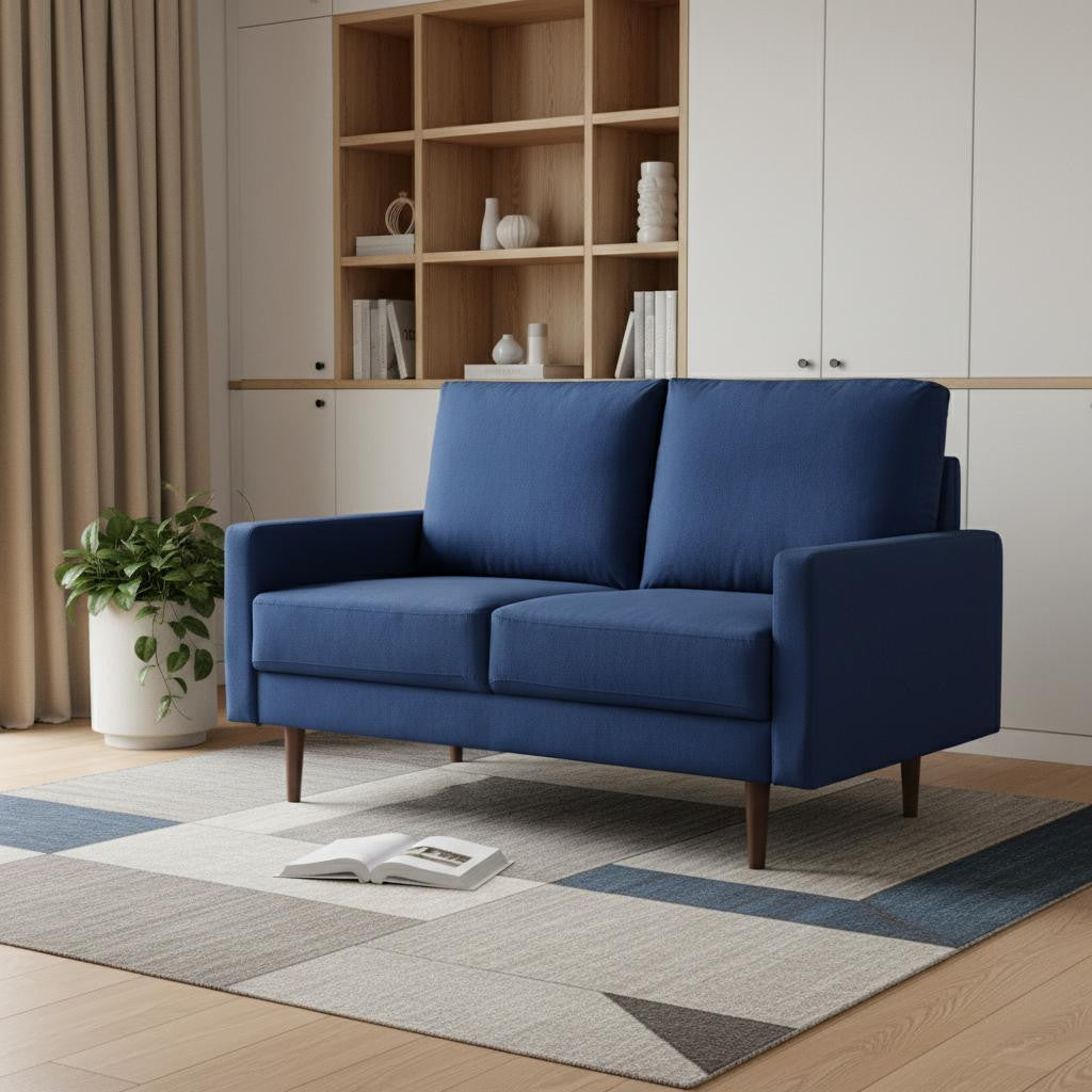 57" Modern Blue Velvet Loveseat with Dark Brown Wood Legs