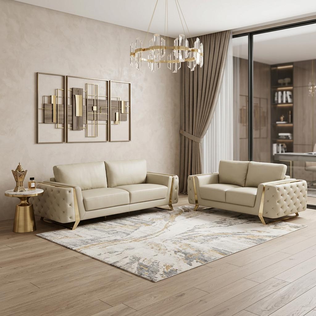 Contemporary 90" Beige Top Grain Italian Leather 2 Piece Living Room Set
