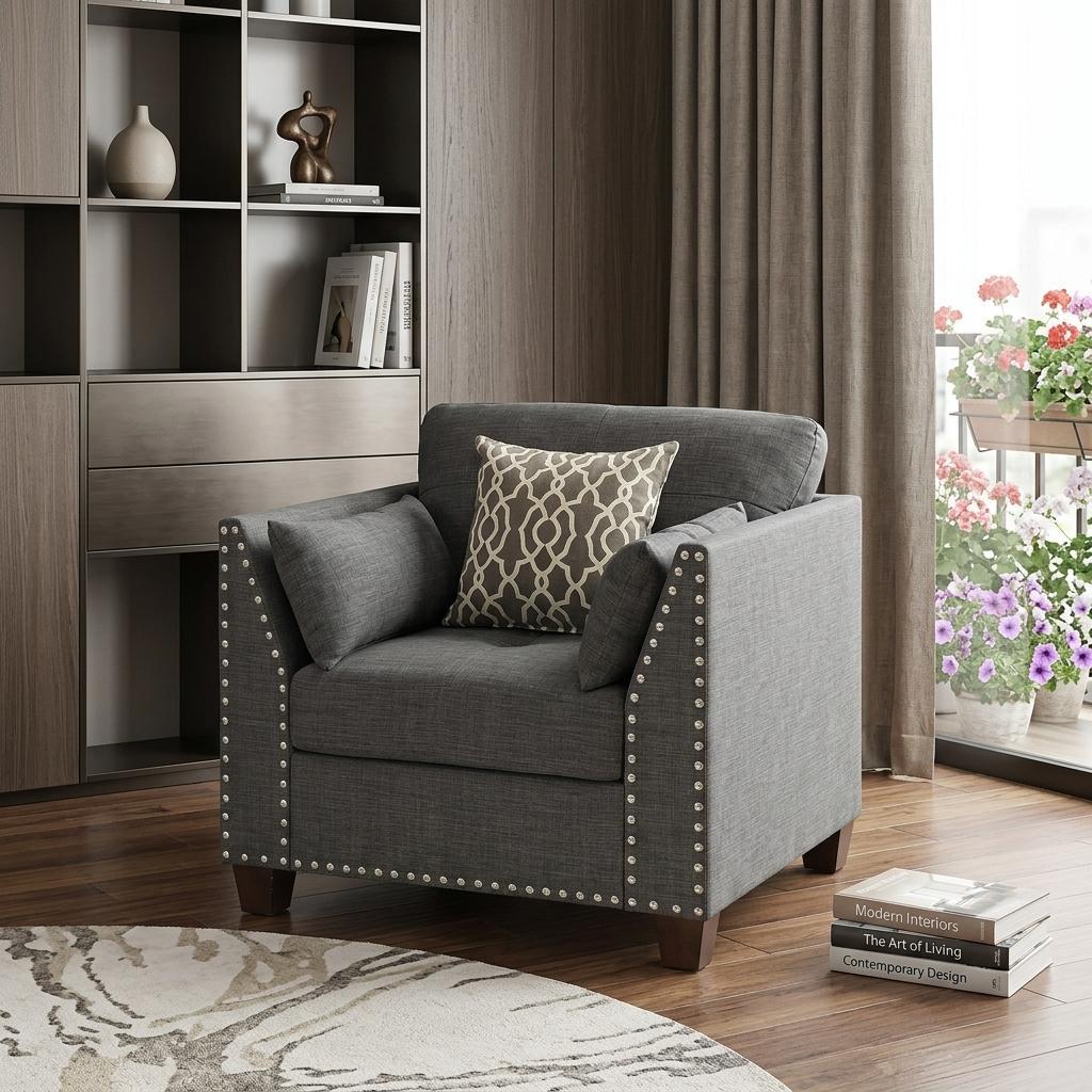 Contemporary 34" Tailored Charcoal Linen Accent Armchair with 3 Matching Toss Pillows