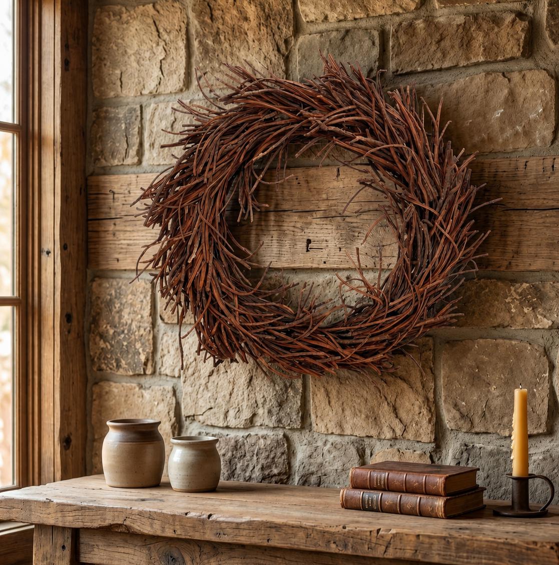 28" Brown Rattan Wreath Wall Sculpture Handcrafted Willow Branch Wreath