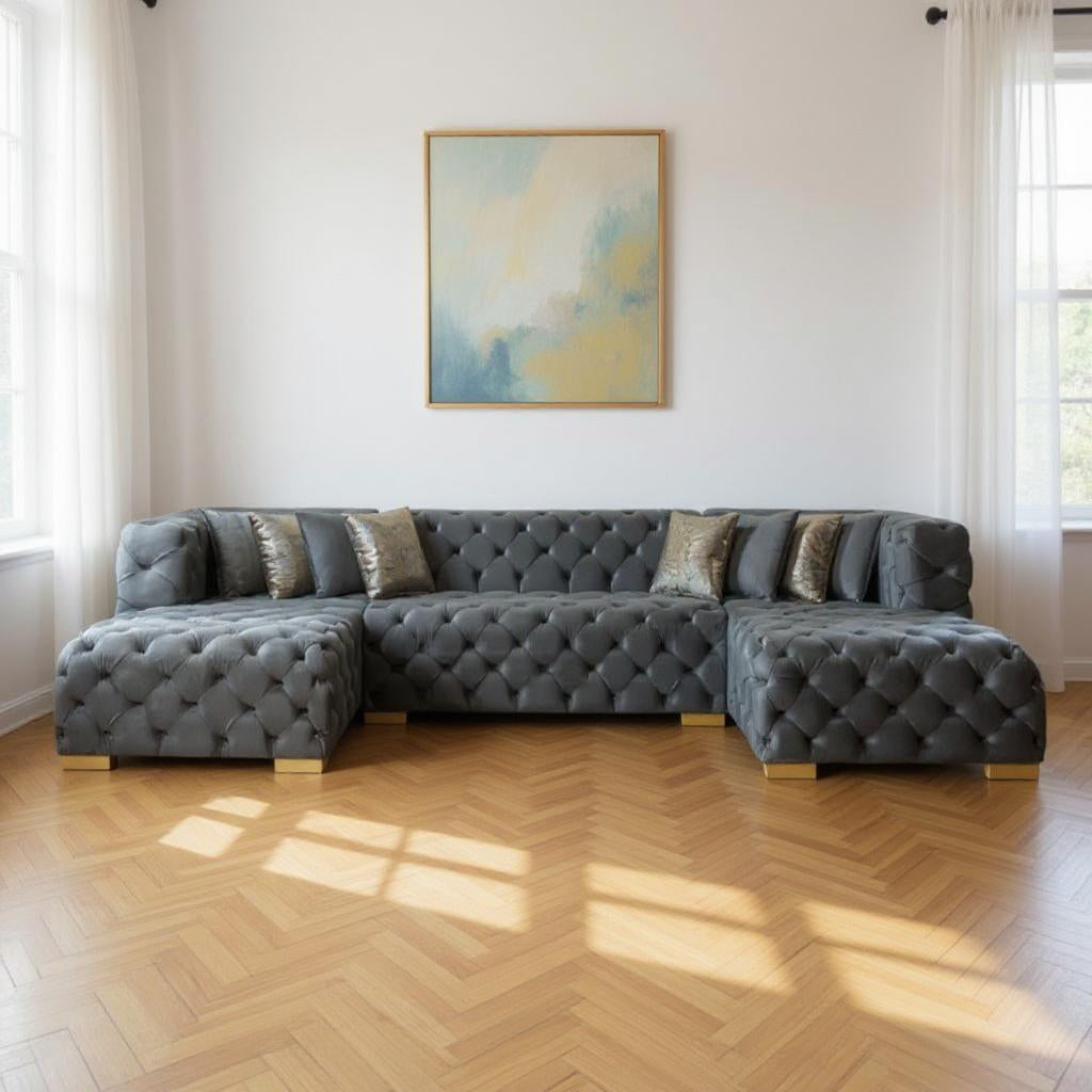 Modern Tufted Gray Velvet Modular U-Shaped Symmetrical Sectional Sofa