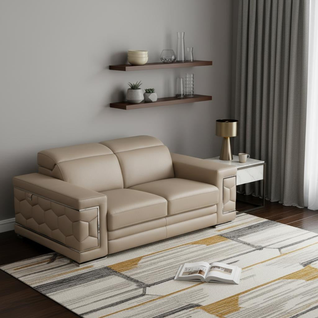 71" Modern Beige Genuine Leather Loveseat with Silver Legs