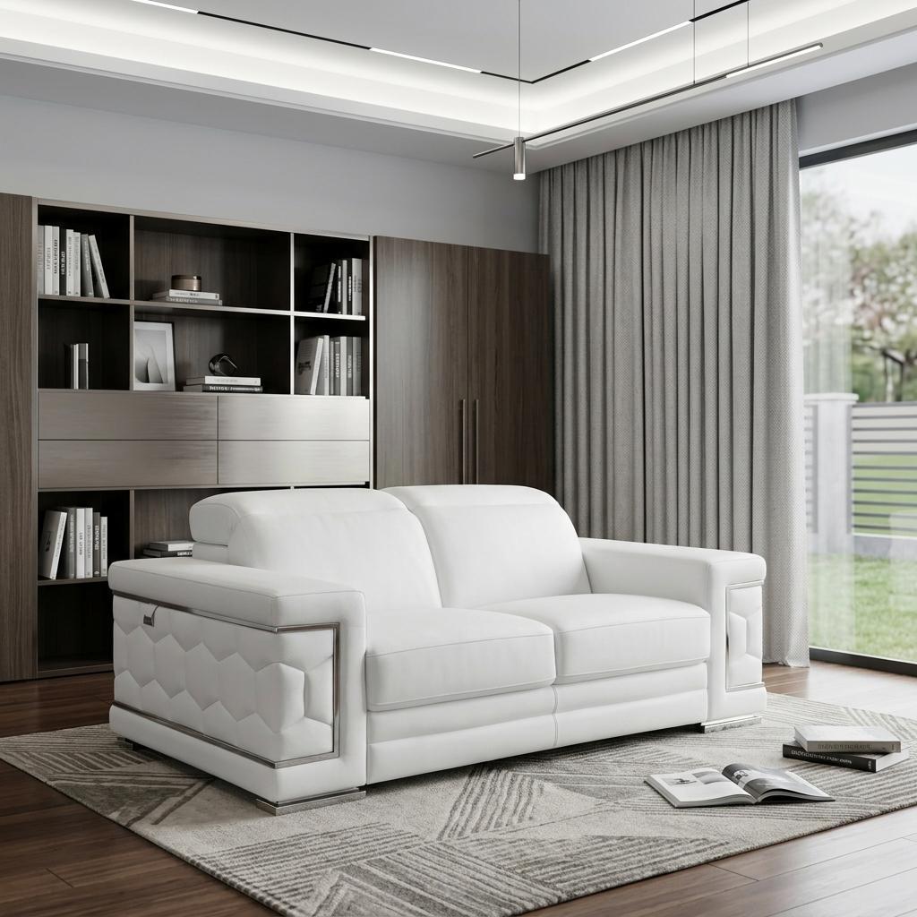 71" Modern White Italian Leather Sofa with Silver Legs