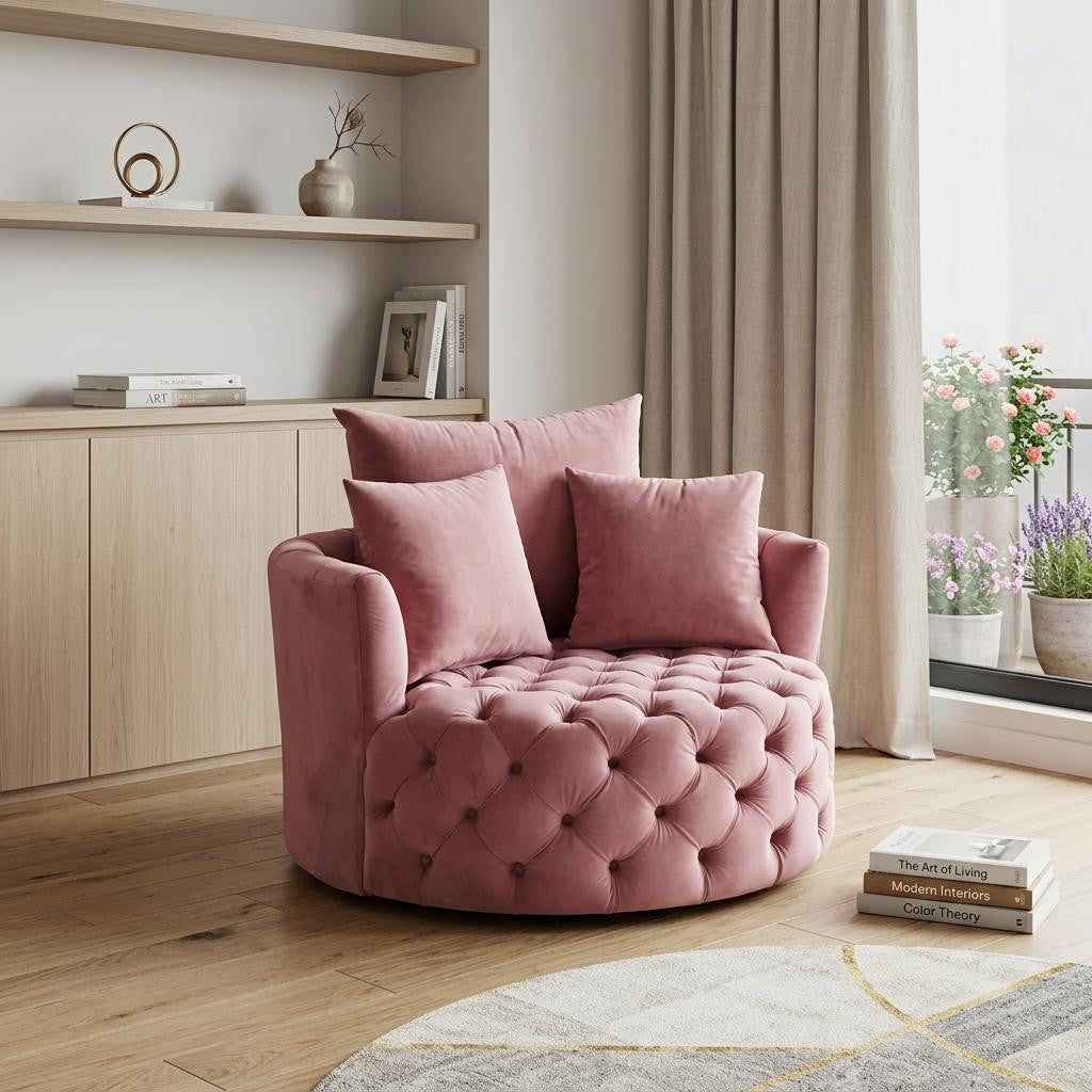 Modern 43" Pink Velvet Tufted Swivel Barrel Chair