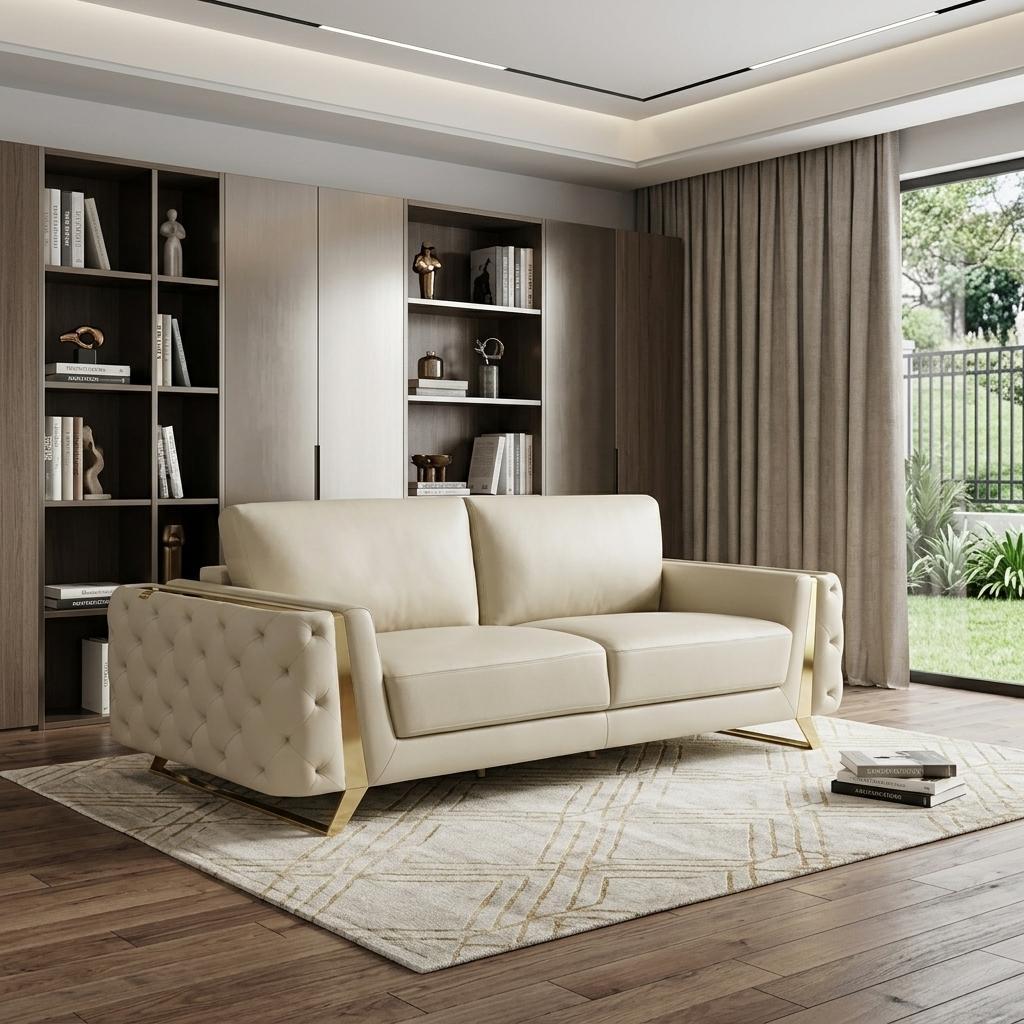 90" Contemporary Beige Italian Full Grain Leather Sofa with Gold Legs