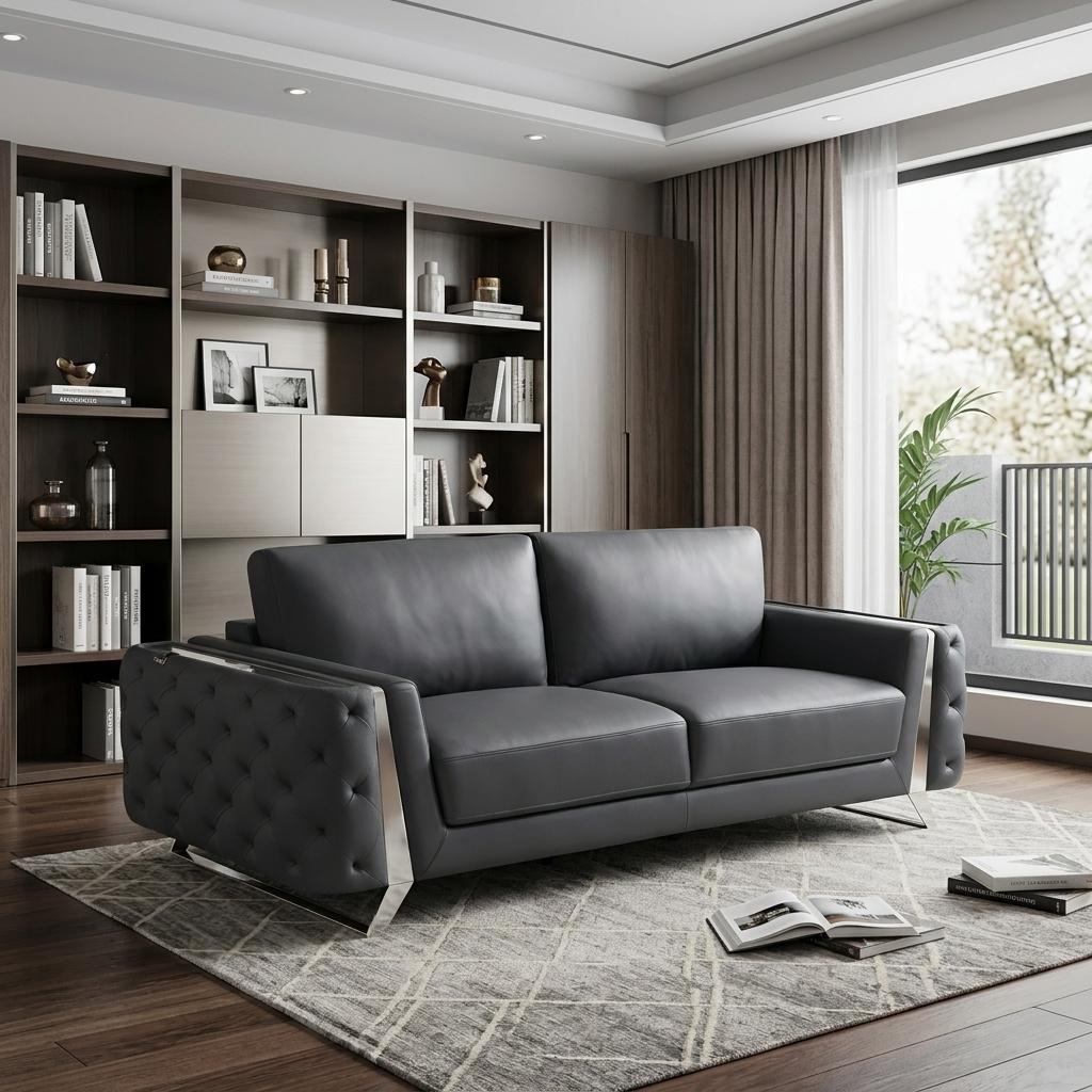 90" Contemporary Gray Italian Full Grain Leather Sofa with Silver Legs