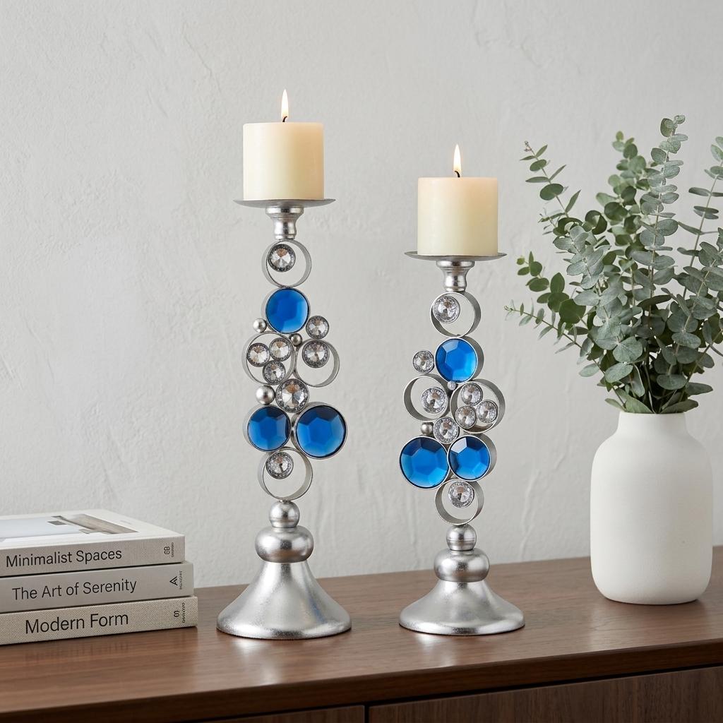 Set of 2 Silver and Blue Bling Pillar Candle Holders with Scented Candles