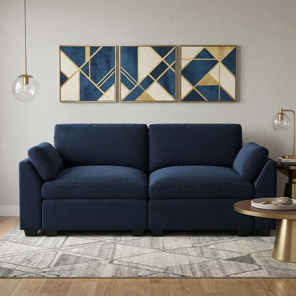 75" Modern Navy Blue Velvet Modular Loveseat with Black Legs