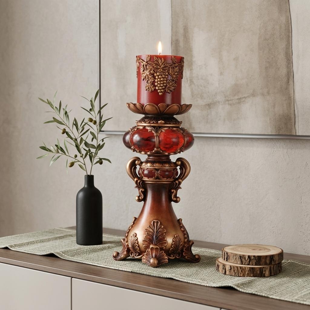 16" Red and Brown Faux Marble Candle Holder with Grapevine Pillar Candle