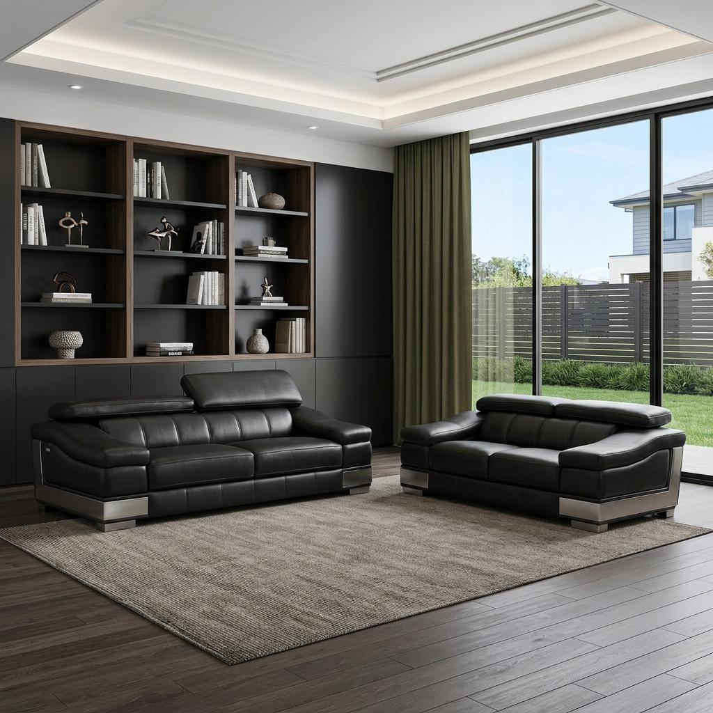 Modern 165" Extra Large Black Italian Leather 2 Piece Living Room Set