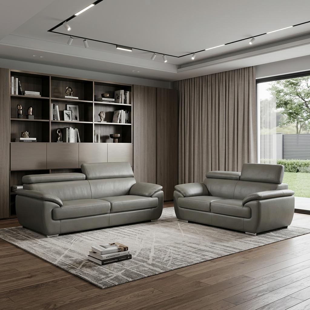 Modern 39" Deep Gray Genuine Leather 2 Piece Living Room Set