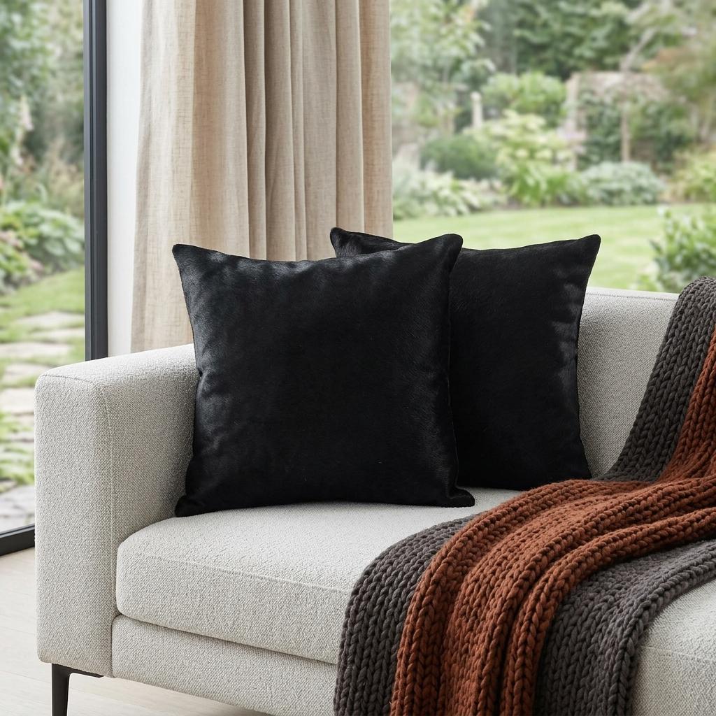Set of 2 Square Black Genuine Leather Accent Throw Pillows