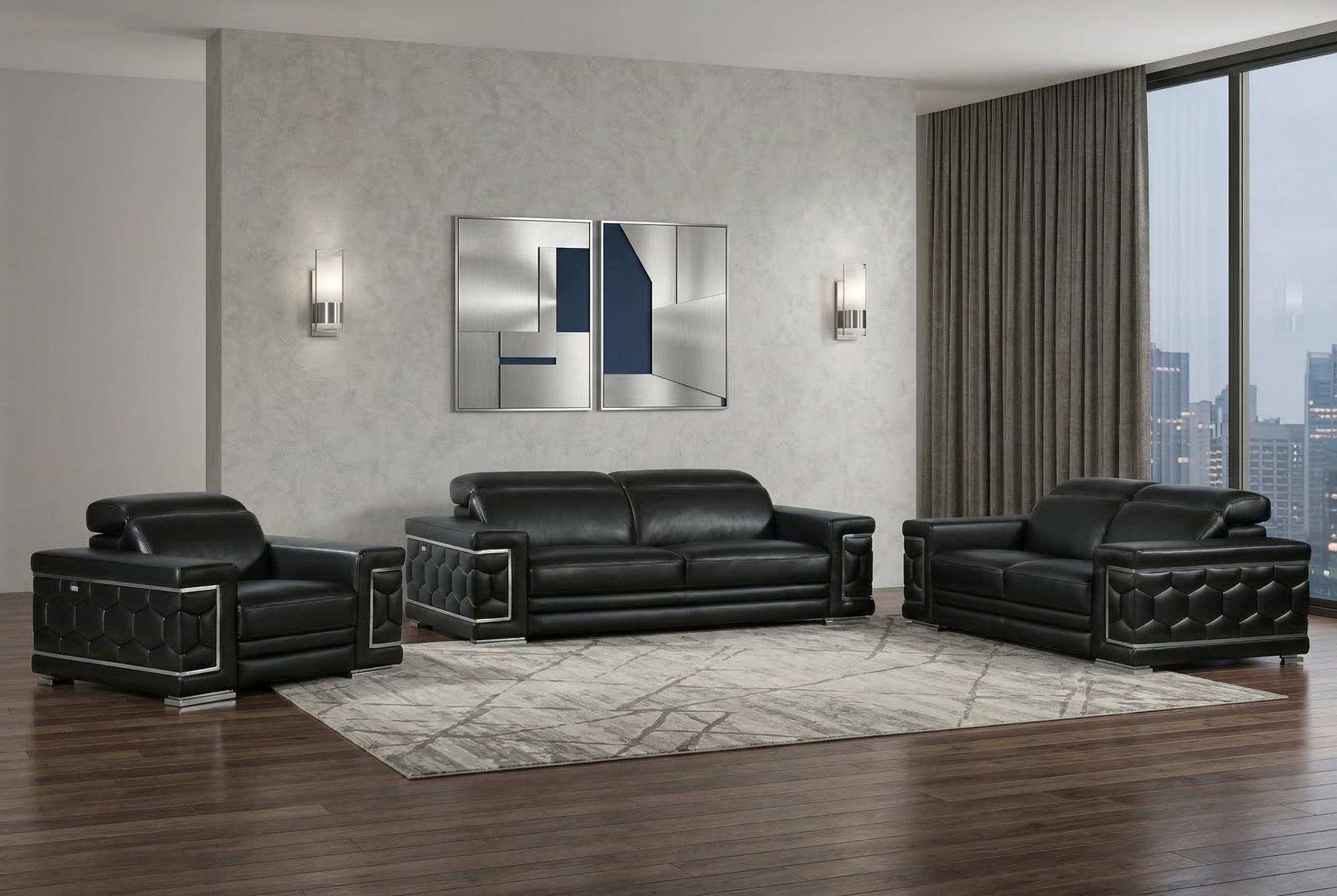 Modern Black Top Grain Italian Leather 3-Piece Living Room Set