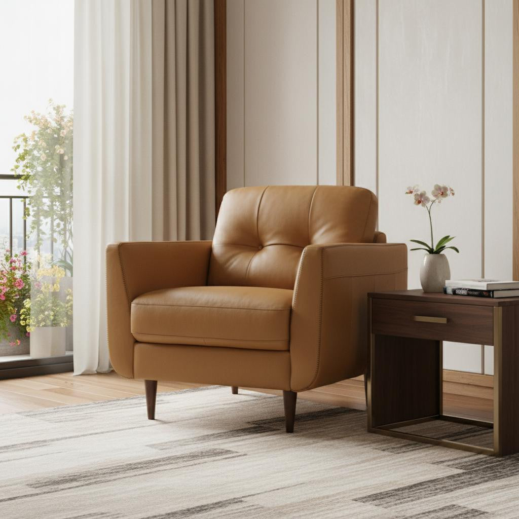 Modern 35" Camel Top Grain Genuine Leather Tufted Armchair