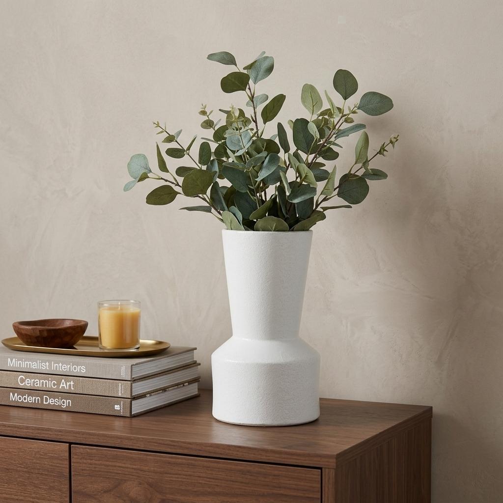 9" White Abstract Cylinder Ceramic Table Vase
