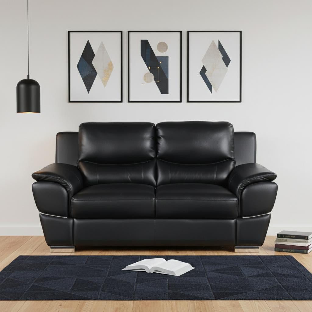 69" Chic Black Faux Leather Loveseat with Silver Chrome Legs