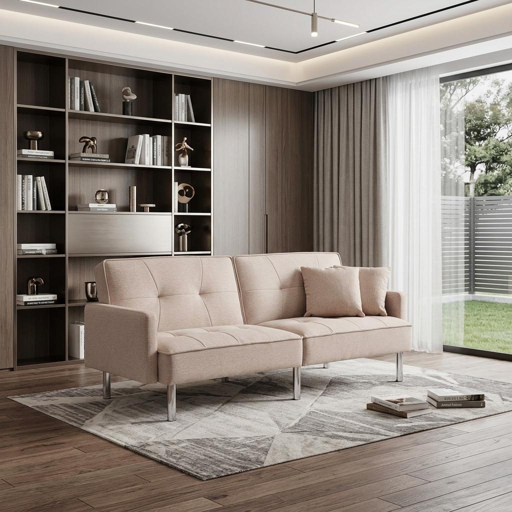 85" Modern Beige Polyester Blend Convertible Futon Sleeper Sofa with Silver Legs