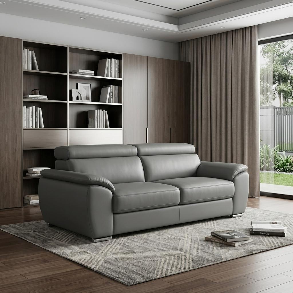 86" Modern Gray Leather Sofa with Silver Stainless Steel Legs