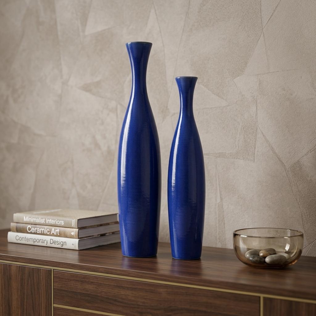 Set of 2 Cobalt Blue Cylinder Ceramic Table Vases
