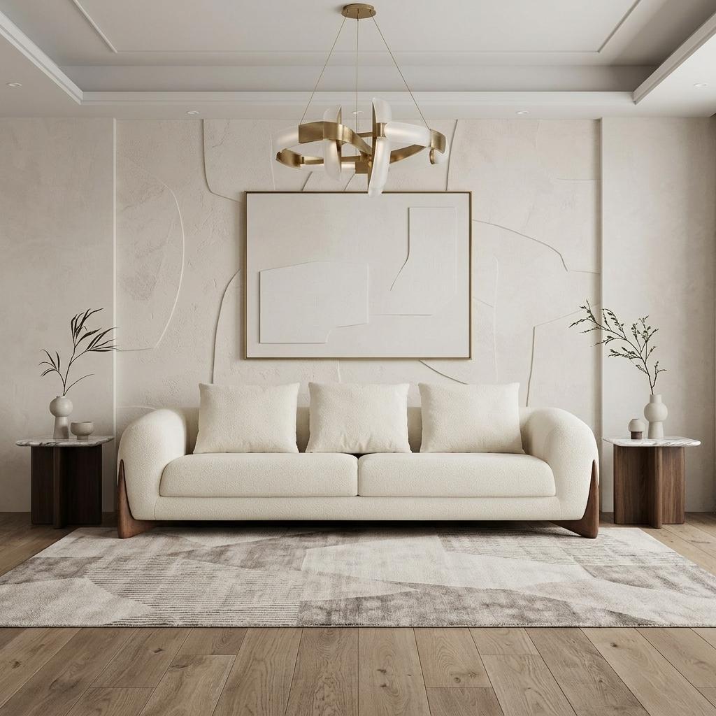 100" Contemporary Cream Fabric Sofa with Wood Brown Legs