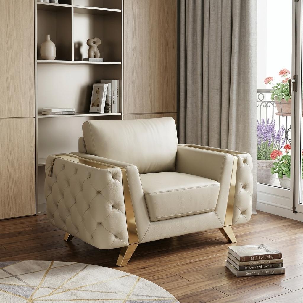Contemporary 50" Beige Top Grain Genuine Leather Tufted Club Chair