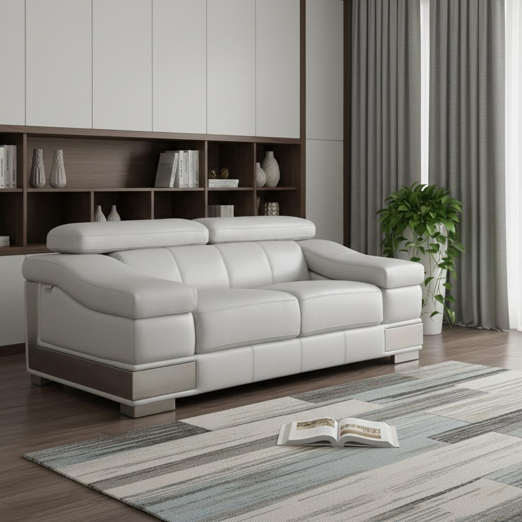 73" Contemporary Light Gray Genuine Leather Loveseat with Silver Legs