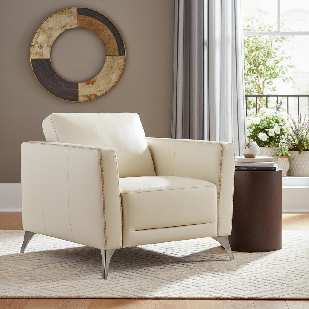 Modern 35" Cream Top Grain Genuine Leather Armchair