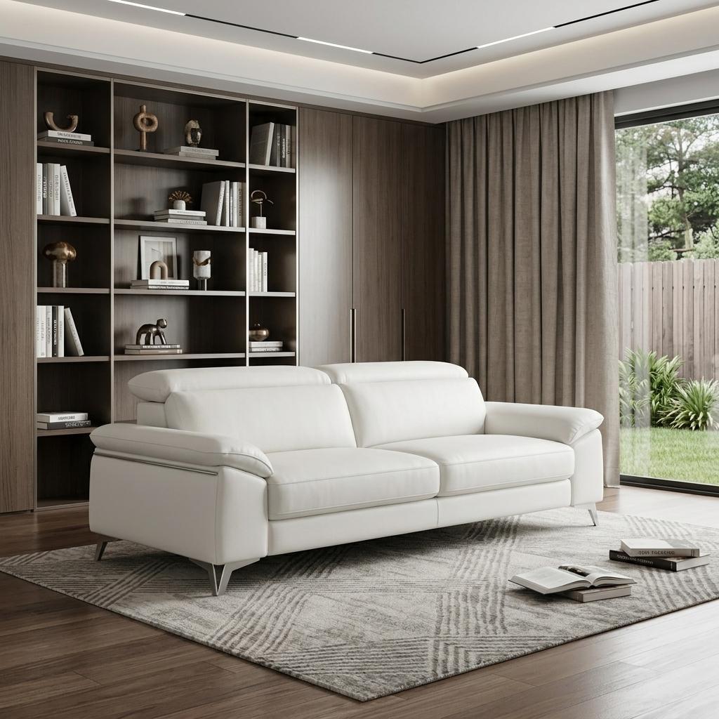 87" Modern White Italian Leather Sofa with Silver Legs