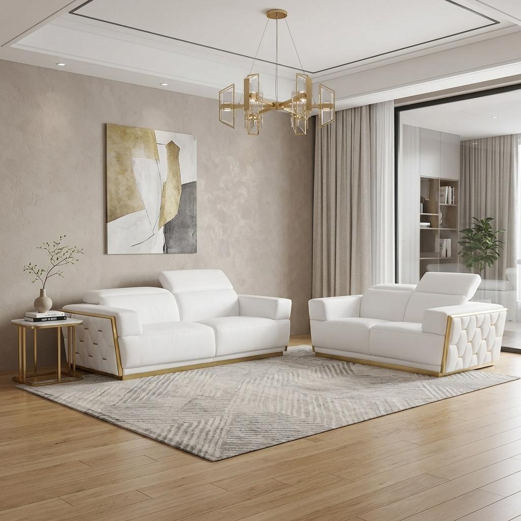 Modern 89" Pristine White Full Grain Italian Leather 2 Piece Living Room Set