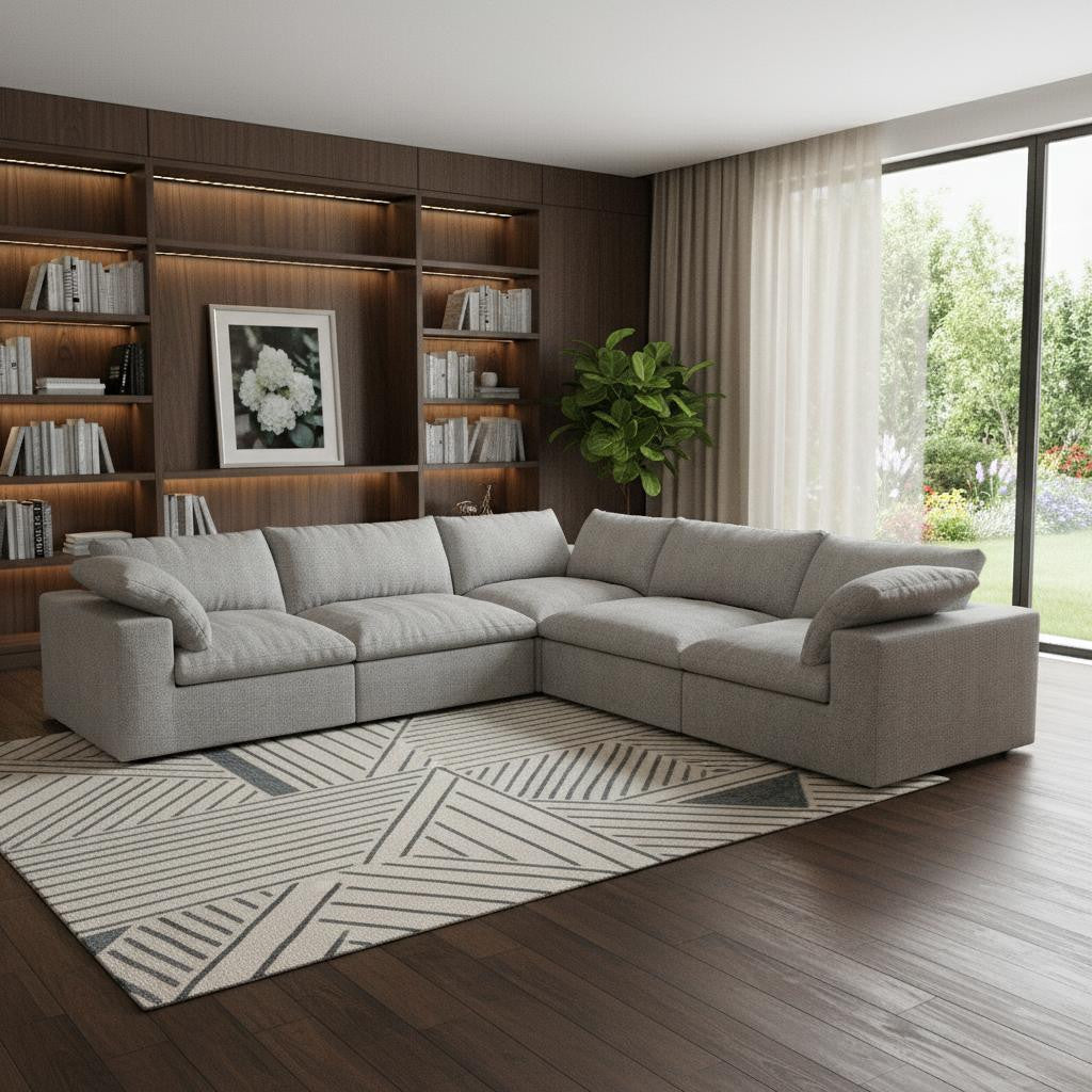 Modern Light Gray Linen Blend Modular L-Shaped 5-Piece Reversible Sectional