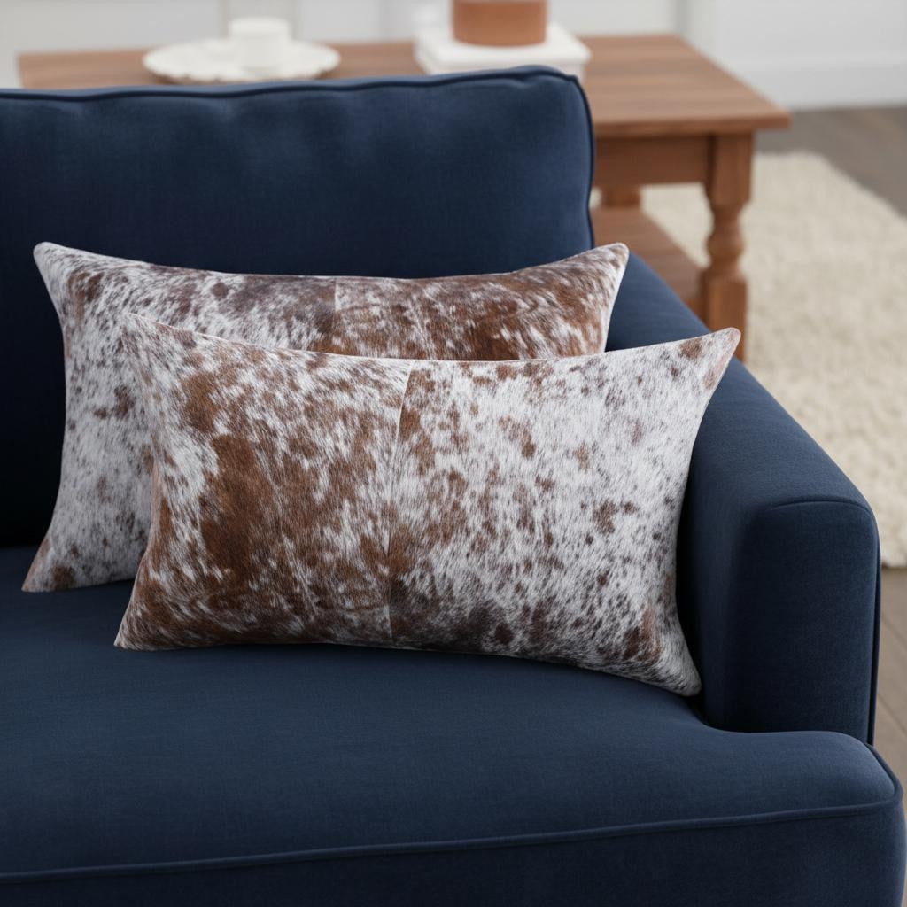 Set of 2 Lumbar Genuine Leather  Brown and White Throw Pillows