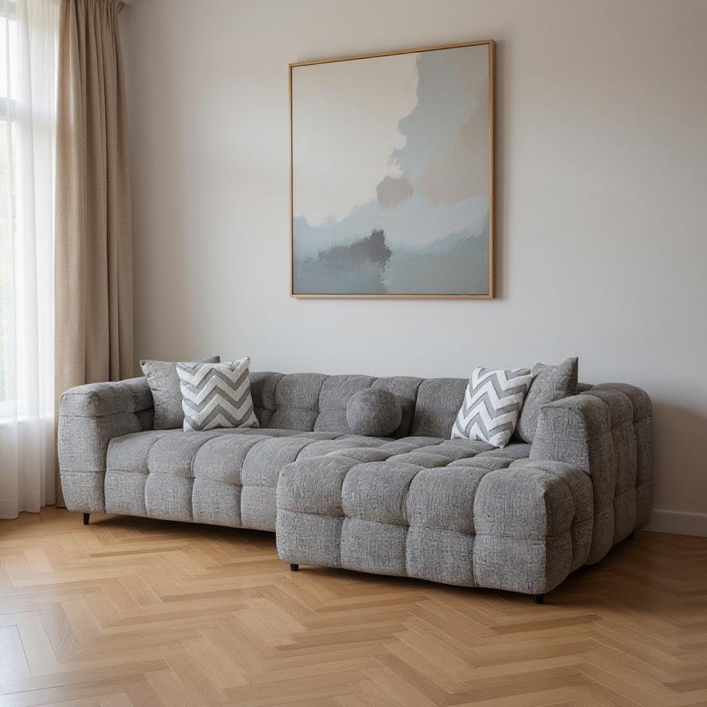Modern Light Gray Boucle L-Shaped 2-Piece Right Hand Facing Sofa and Chaise Sectional with Toss Pillows