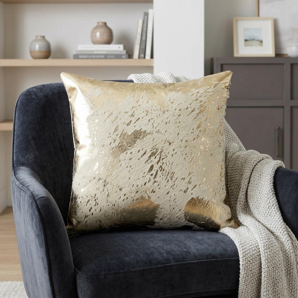 Beige and Gold Metallic Abstract Leather Accent Pillow