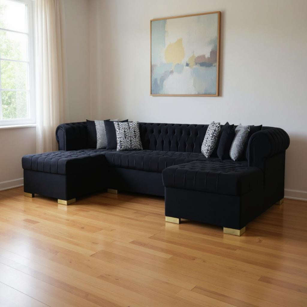 Modern Black Velvet U-Shaped 3-Piece Symmetrical Sofa and Chaise Sectional