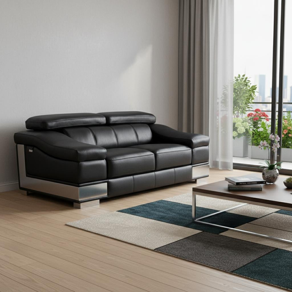 73" Black Genuine Leather Loveseat with Silver Legs