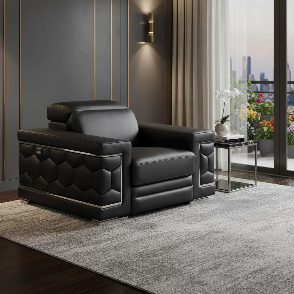 Modern 47" Black Top Grain Genuine Leather Accent Armchair