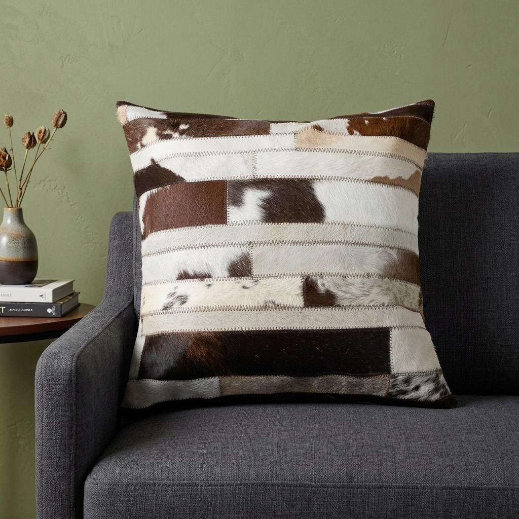 Chocolate and Ivory Striped Cowhide Accent Throw Pillow