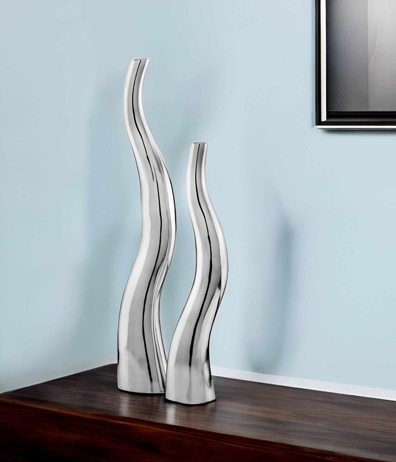 Set of 2 Tall Modern Silver Aluminum Squiggly Vases