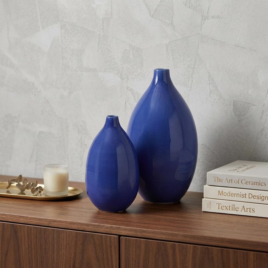 Set of 2 Cobalt Blue Round Ceramic Table Vases