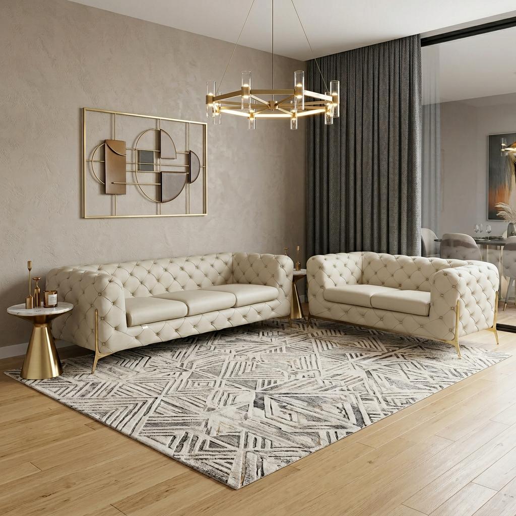 Modern 93" Beige Top Grain Italian Leather 2 Piece Living Room Set