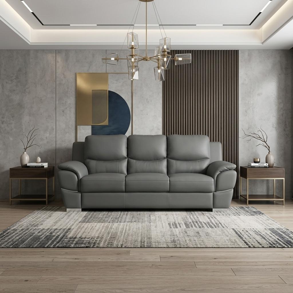 85" Modern Gray Leather Sofa with Silver Stainless Steel Legs