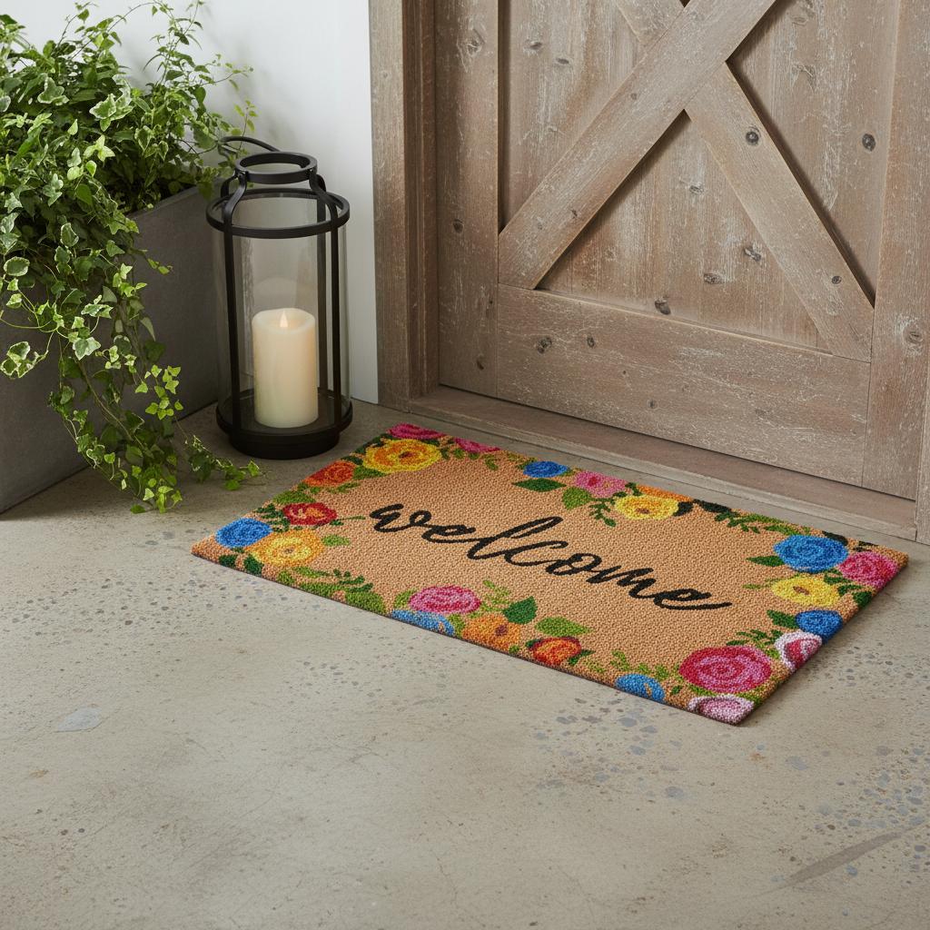 24" x 36" Natural & Black Coir Floral Welcome Outdoor Doormat