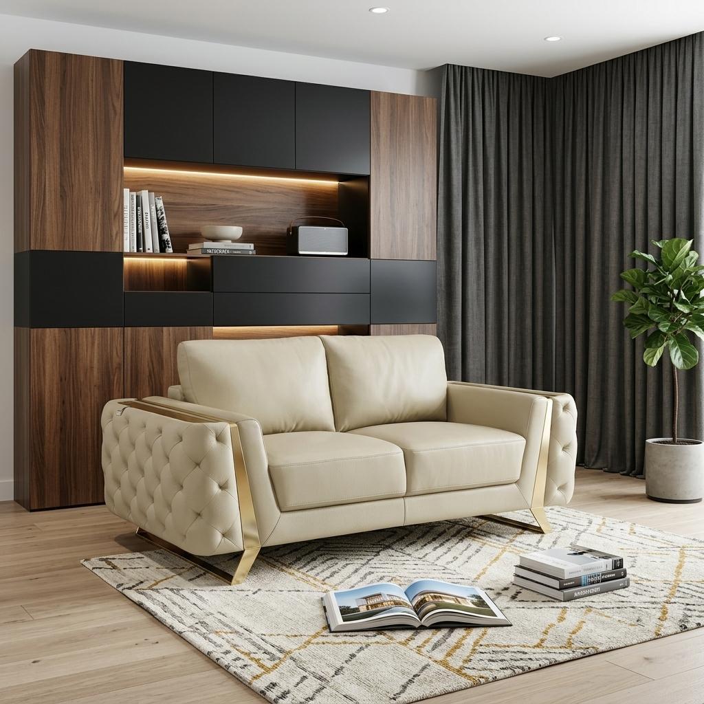 72" Contemporary Beige Genuine Leather Loveseat with Gold Legs