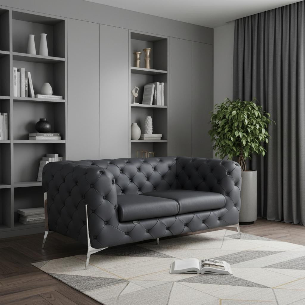 69" Modern Gray Italian Leather Loveseat with Silver Legs