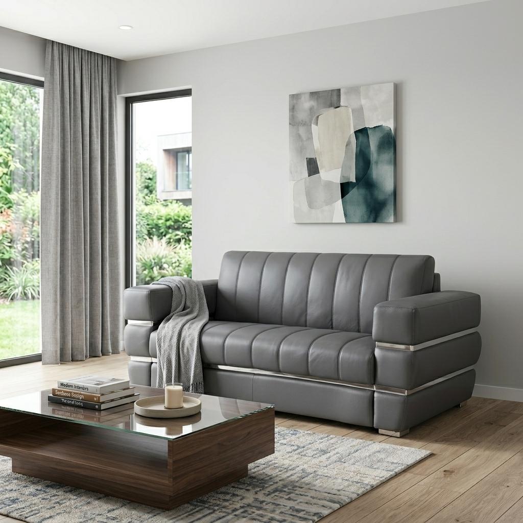 75" Modern Gray Italian Leather Loveseat with Silver Legs