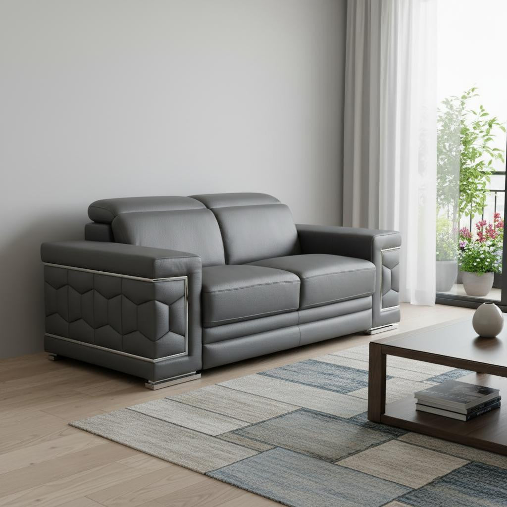 71" Modern Dark Gray Genuine Leather Loveseat with Silver Legs